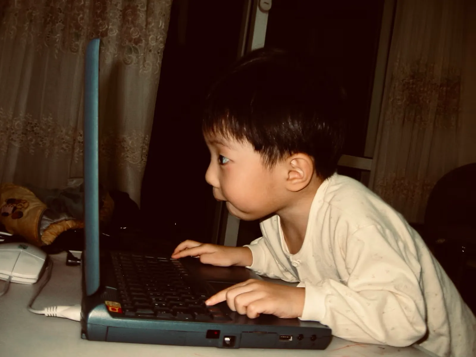 블로그 주인의 어렸을 적 사진. 노트북에 손을 올린채 화면을 뚫어져라 바라보고 있다.
